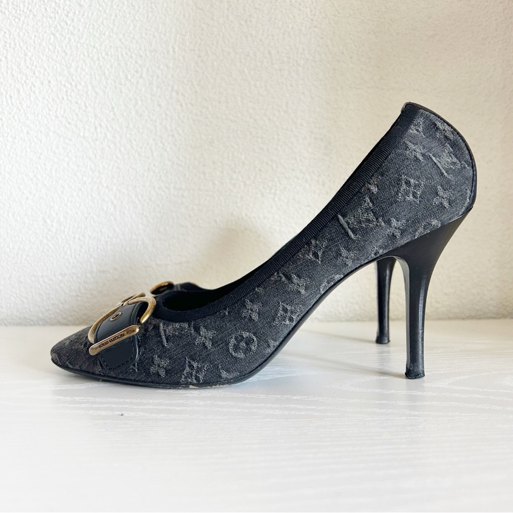 Louis Vuitton Vintage Monogram Canvas Black Gray Buckle Heels Pumps Size EU 39.5 - Picture 3 of 15